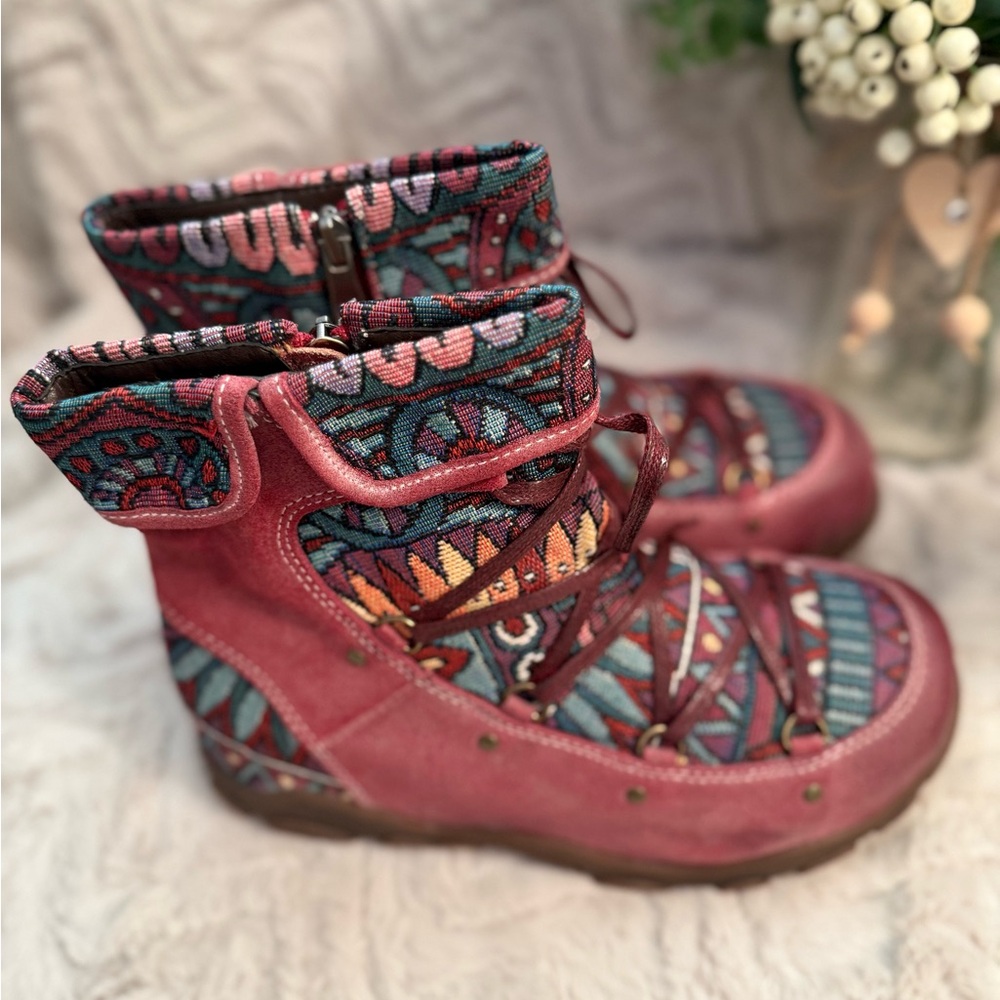 Bohemian Lace-Up Boots in Pink and Teal
